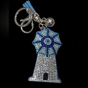 Light Blue Rhinestone Windmill Bag Charm Keychain with Tassel